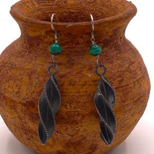 Vintage Twisted Sterling Silver Feather W\ Faux Malachite Bead Drop Earrings